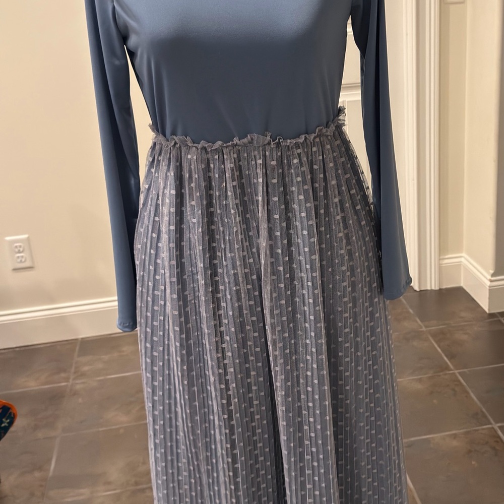 Long Sleeve Blue Maxi Dress with Tulle Skirt - Picture 3 of 3